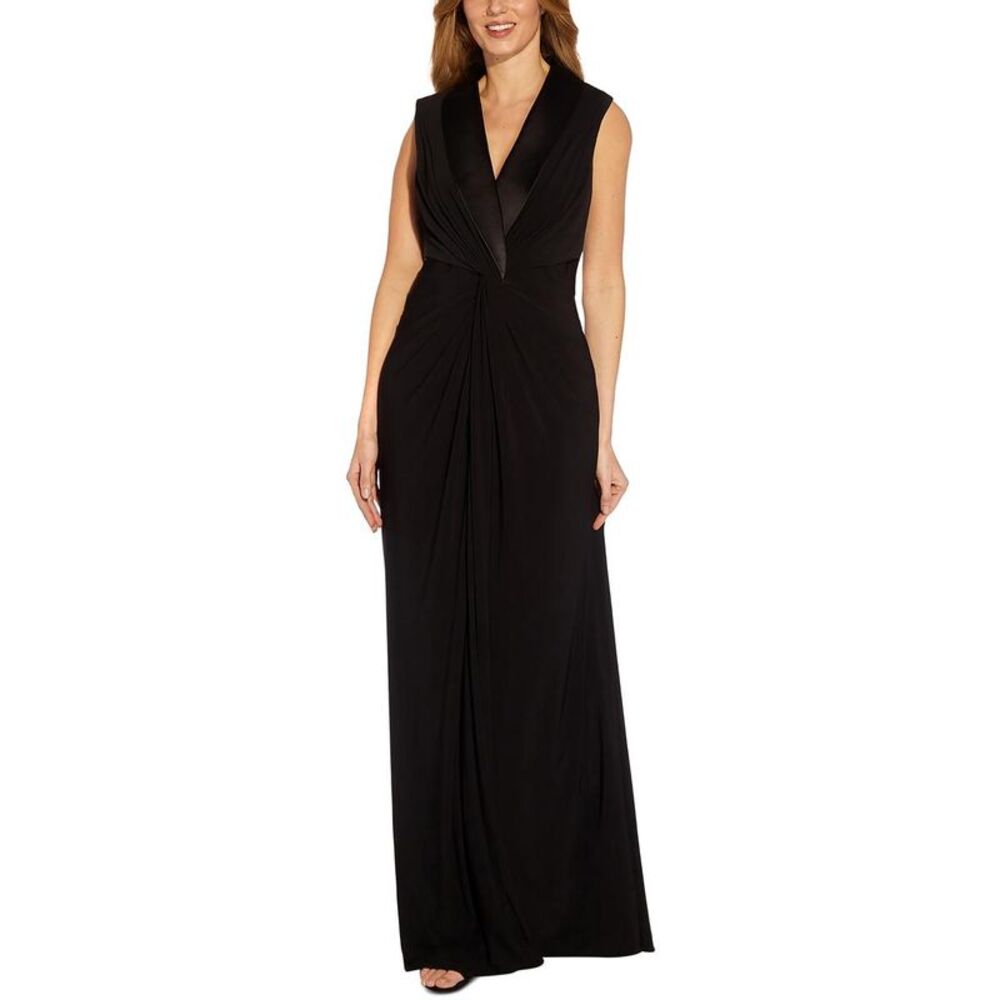 Adrianna Papell Black Sleeveless V-Neck Ruched Gown